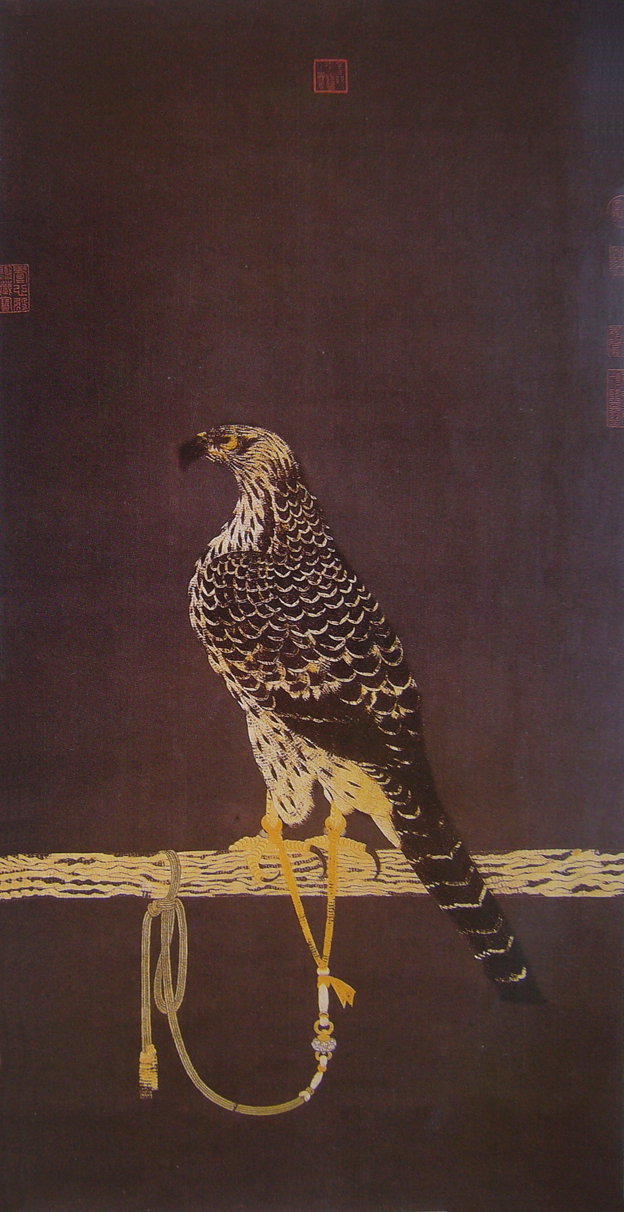 FIG. 20 Majestic Eagle Song Dynasty Embroidery Its high-rising head, firm chests, and forceful claws were well embroidered. Despite the fall-off of lots of threads due to a long period of time, the eagle still maintains its majesty. This is obviously closely associated with superb techniques of the embroiderer. In spite of extremely fine strands divided and exquisite needlework for feathers, the eagle looks fierce and firm all the same. There were more kinds of innovative needlework for application, showing that embroidery in the Song Dynasty reached art height of immense realism. The eagle was a painting theme favored by scholars in their painting in the Song Dynasty. Versatile Zhao Ji, emperor Huizong of the Song Dynasty, was not only good at handwriting, but also at painting flowers, bamboos, feathers, and flowers in water-ink. His Imperial Eagle was detailed and unrestrained in depiction, fully revealing its majesty and fierceness without any roughness and wildness. This embroidered article bears strong resemblance to the spirit of Zhao Ji’s Imperial Eagle.