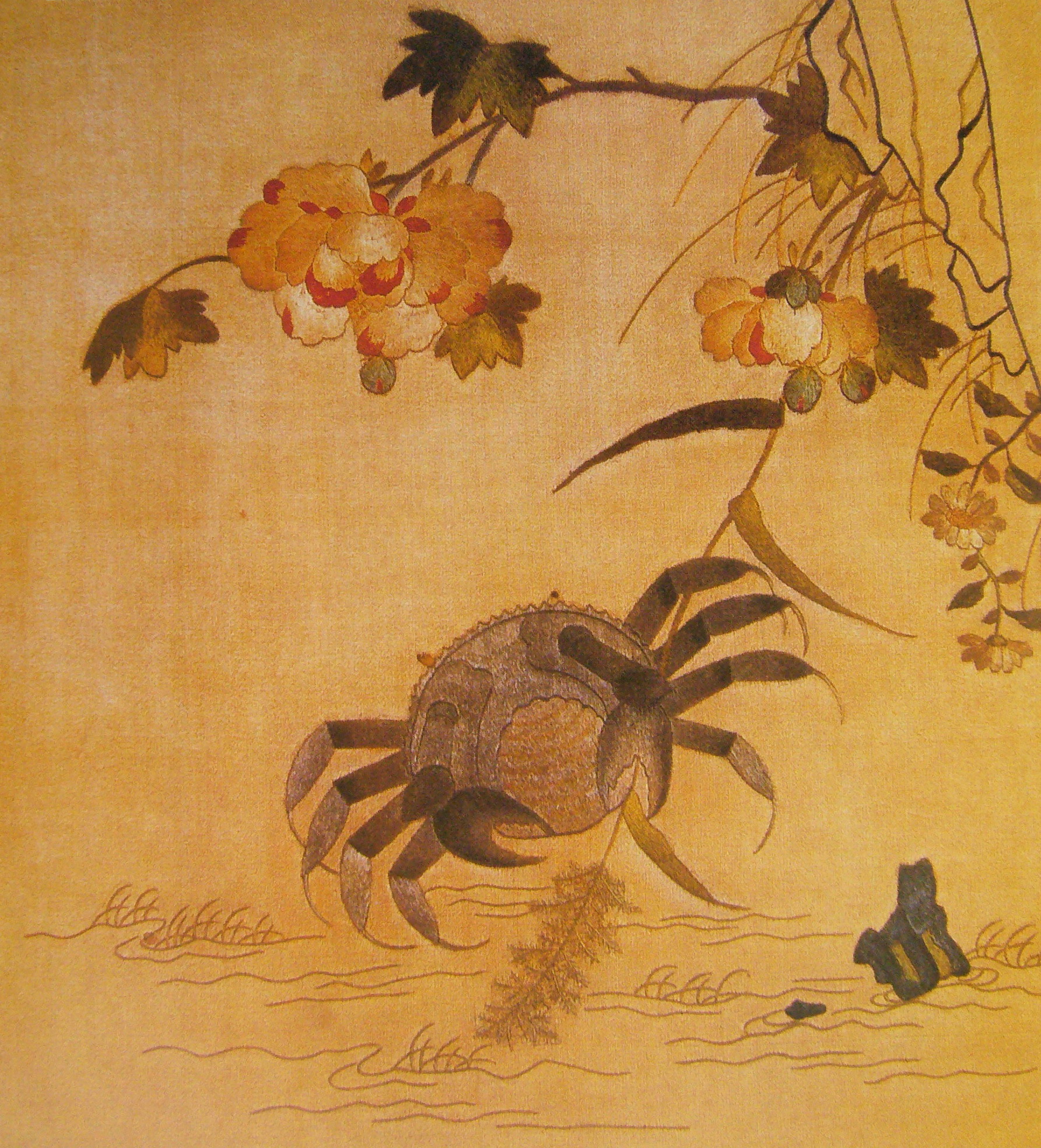 FIG. 22 Hibiscus and Crab Song Dynasty Embroidery This embroidered article was imitation of a painting by Huang Quan (?–965), who was a painter in the imperial court of the Western Shu Dynasty. Most of his paintings were associated with unique birds and famous flowers in the imperial court, showing meticulousness, splendidness, wealth, and nobility. Hibiscus and Crabs is now preserved in the Palace Museum, Taipei.