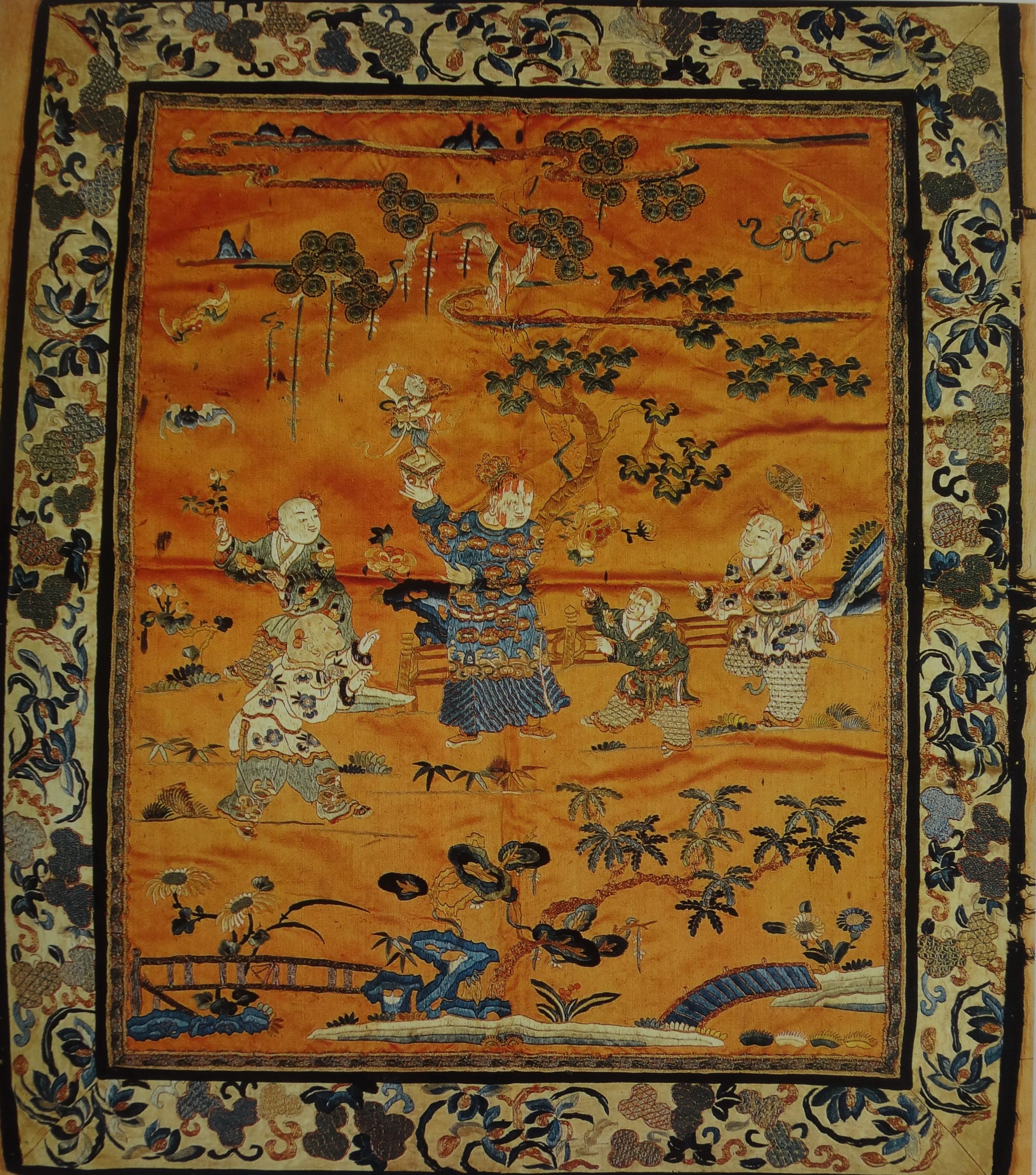 FIG. 28 A frameless embroidered article named Five Children Striving for the Champion of Sichuan Embroidery of the Qing Dynasty preserved in the Museum of Sichuan Province.